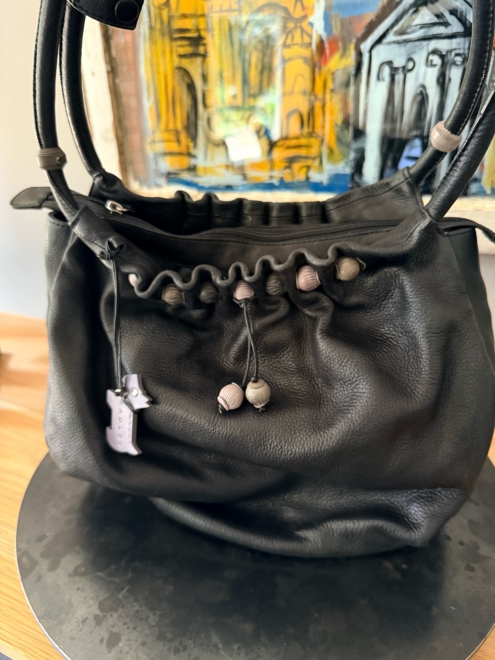 Radley London Black Pebbled Leather Hobo Shoulder Bag, Purple & Grey Bead Detail